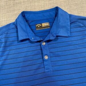 Callaway Opti-Dri Mens Medium Blue Strxiped Short Sleeve Golf Polo Shirt Logo
